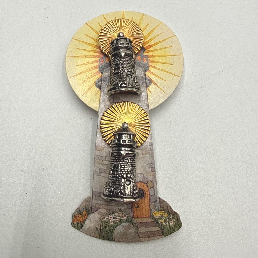 Avon Vintage Lighthouse Lapel Pins Set Silver Gold Tone John 8:12 Religious Card